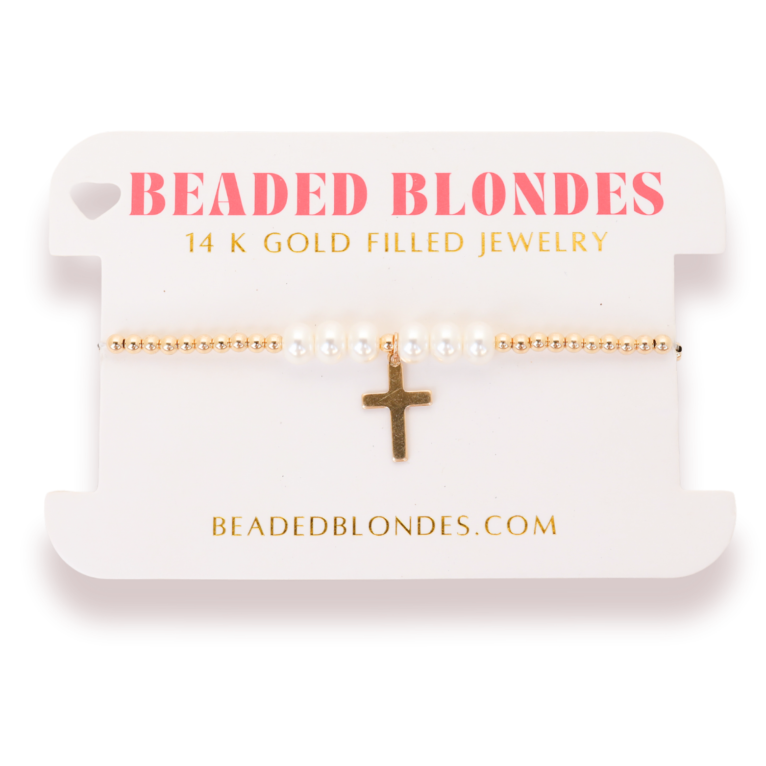 Beaded Blondes Cross & Pearl Gold Charm Bracelet Standard 6.75 inch
