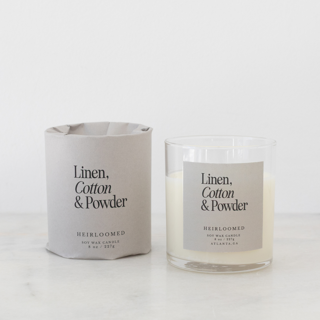 Heirloomed Candle - Linen, Cotton, Powder - 8 oz