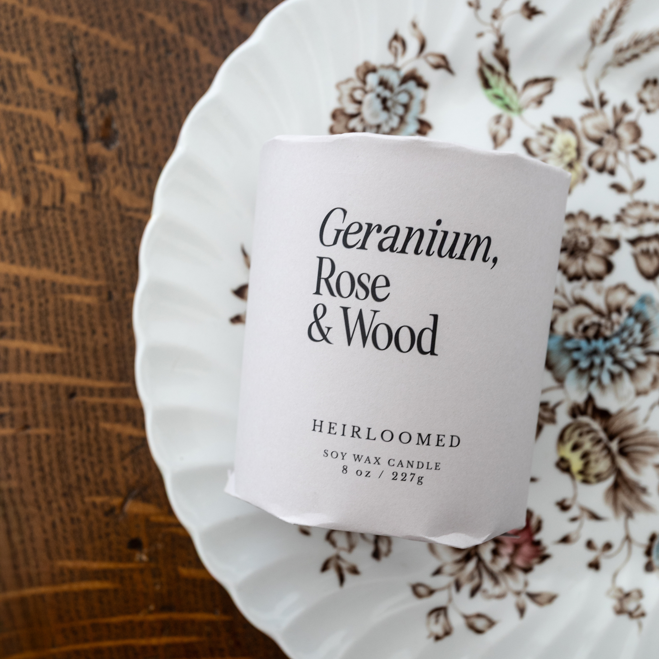 Heirloomed Candle - Geranium, Rose, Wood - 8 oz