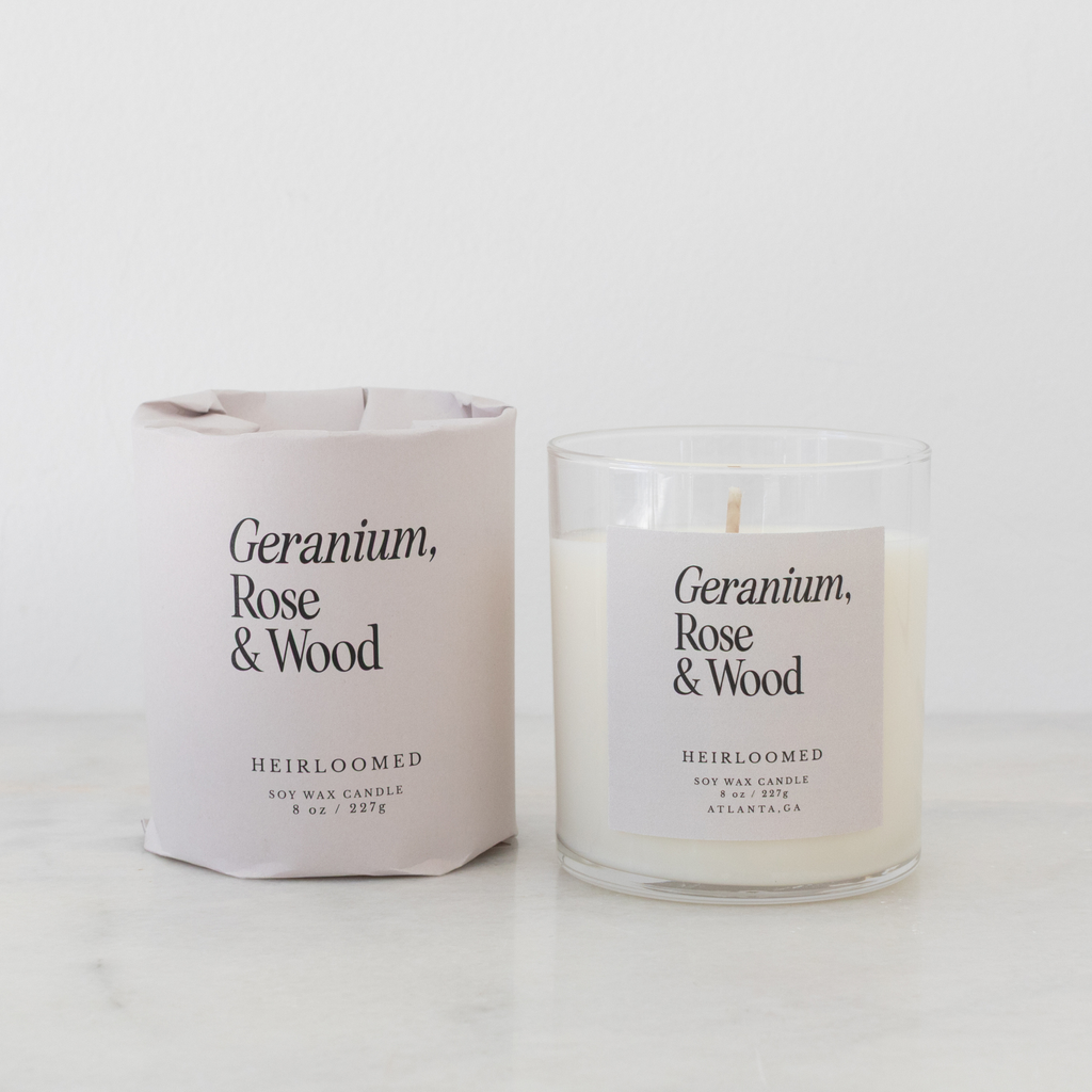 Heirloomed Candle - Geranium, Rose, Wood - 8 oz