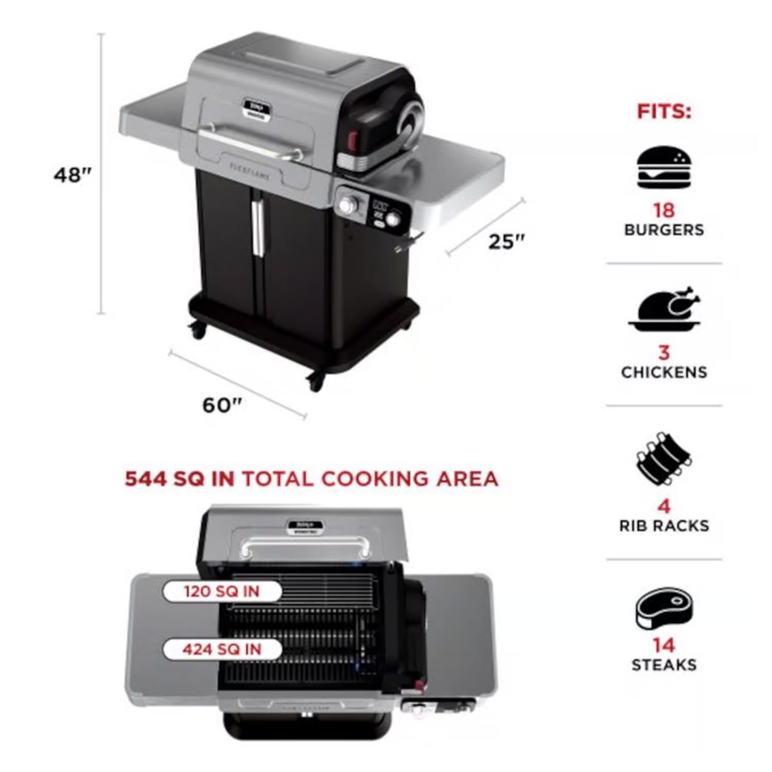 Ninja FlexFlame 3 Burner Liquid Propane Grill and Smoker Black/Silver