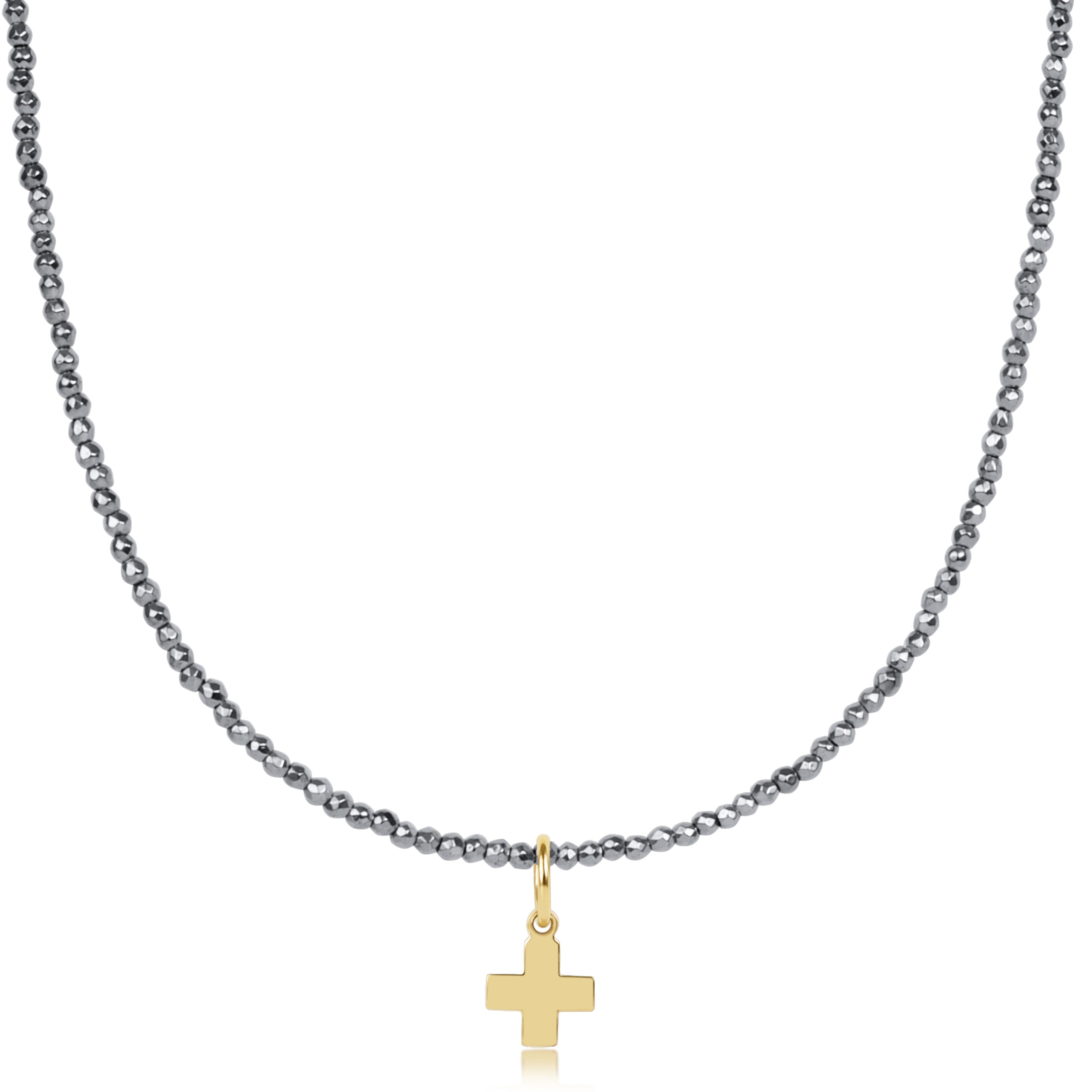 enewton Choker Silver Faceted Hematite 2mm Bead - Signature Cross Gold Charm
