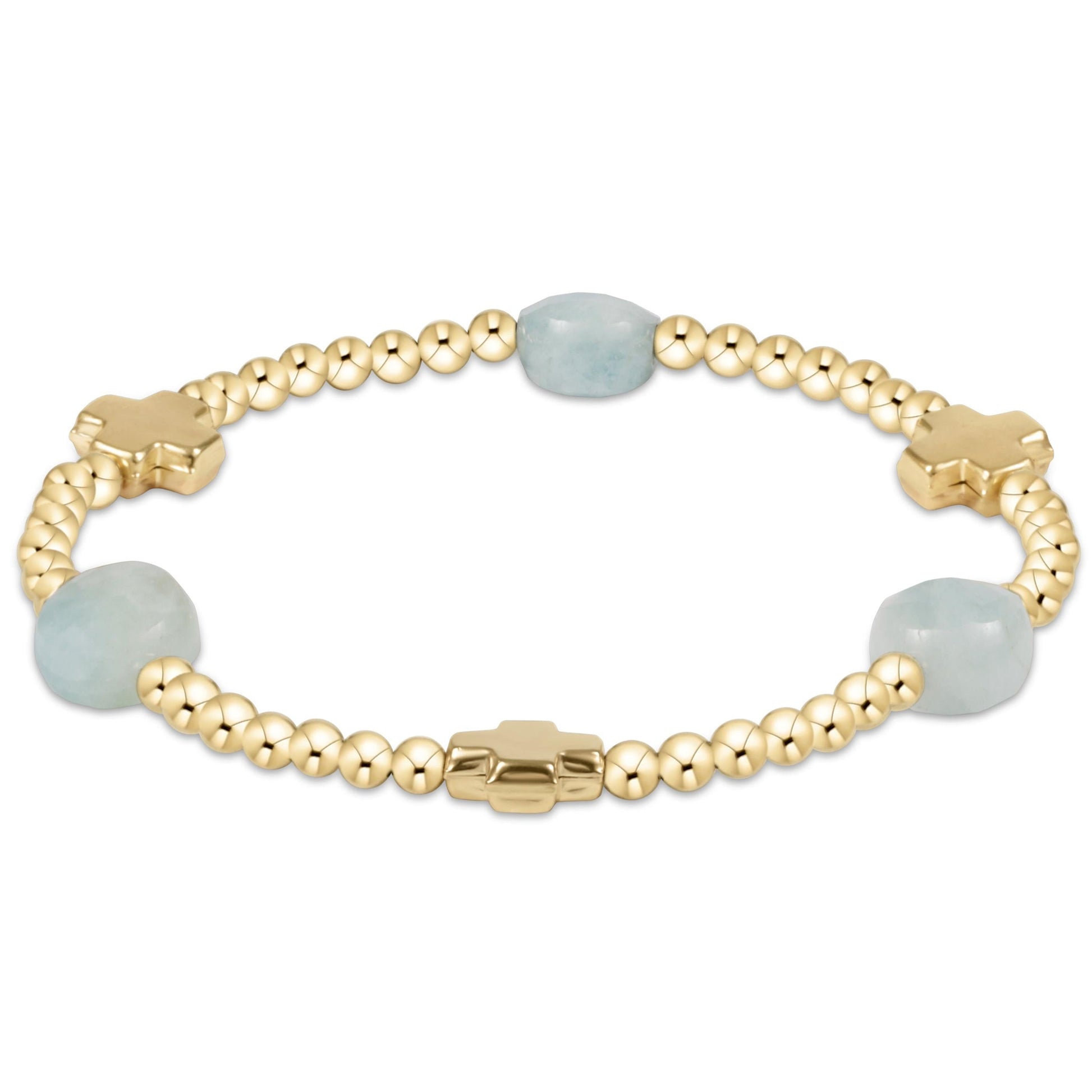 Signature Cross Admire Gold Pattern 3mm Bead Bracelet - Aquamarine